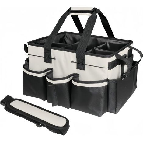 Grand panier de rangement pour fournitures de nettoyage – avec planche de support robuste – Sac à outils multi-poches – Convient pour les fournitures de nettoyage – Sac fourre-tout imperméable (beige)