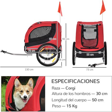 Hundefahrradanhänger mit 1 Fahne und 8 Reflektoren. 130 x 73 x 90 cm. Rot und schwarz (1/5)