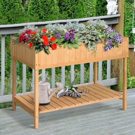 Table de plantation en bois de sapin massif naturel 120×60×81 cm, 8 compartiments avec drainage et étagère de rangement, bac surélevé pour jardin et balcon
