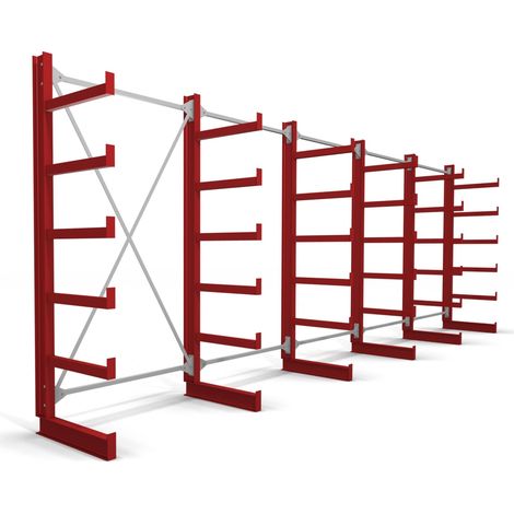 STIER Kragarmregal einseitig 5 Felder mit 5 Ebenen 6500x2000x500mm feuerrot (1/4)