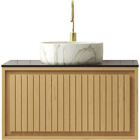 CAIziMeuble vasque de salle de bains suspendu 61 cm, vasque ronde en céramique blanche à motif pierre, plan de travail en pierre frittée noire, meuble en contreplaqué avec tiroir, panneau strié, veina (1/5)