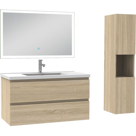 Ensemble meuble de salle de bain 100cm, vasque céramique + colonne haut + miroir lumineux, chêne
