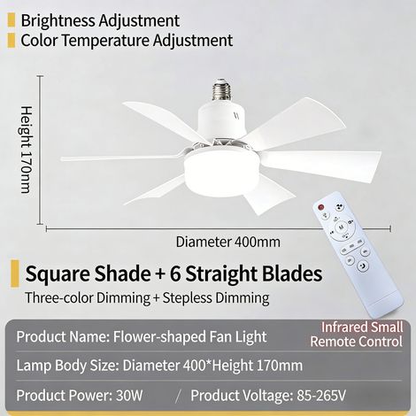 6 Blades Square Socket Fan Light 30W E26 Base 14 Inch Remote 3 Color Dimmable 6 Speeds Flat Shade Box Magnetic For Bedroom Garage (1/5)