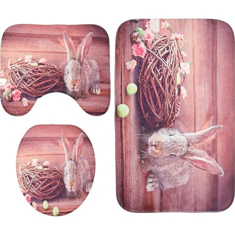 Ensemble de 3 tapis toilette OUNONA avec motif lapin Pâques , en flanelle douce , antidérapant et do