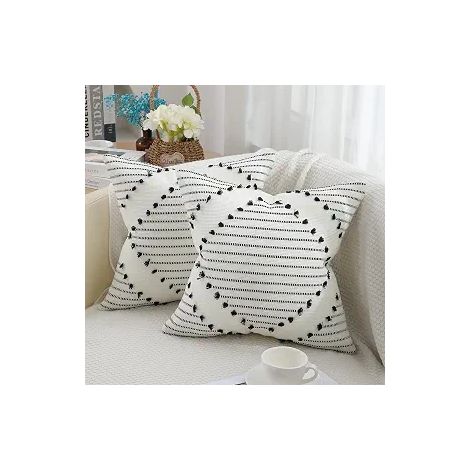 Lot de 2 Housses de Coussin Boho, Noir et Crème, 18x18 Pouces, Style Fermier, Décor pour Canapé, Salon, Chambre (1/4)
