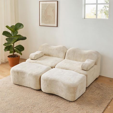 Canapé modulable 2 places velours beige avec 2 poufs en velours (1/5)