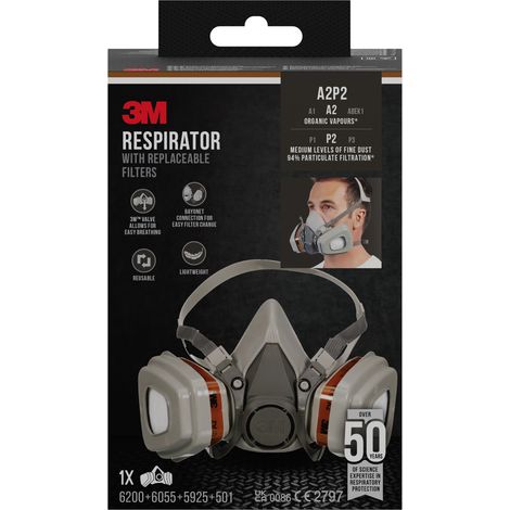 Masque avec filtres remplaçables 3M™ 6002KIT-1, A2P2, vapeurs organiques (1x6200, 2x6055, 2x5925, 2x501)