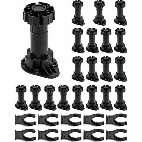 Lot de 20 Pieds de Meubles Réglables, 100-120MM Pieds pour Meuble Noir, Pied de Meuble en Plastique avec 10 Clip pour Plinthe, Pieds de Table Réglable pour Meuble, Armoires, Cuisine, Canapé (1/4)