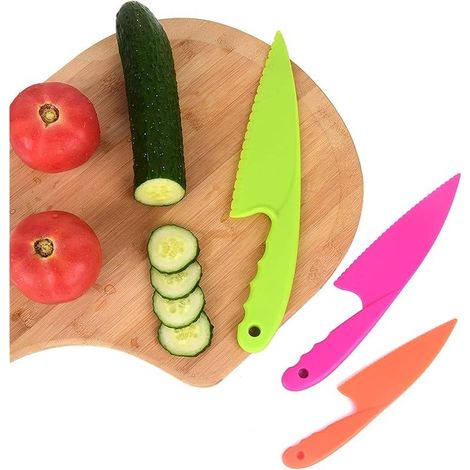 Couteaux de Cuisine en Plastique,3 Pack Couteaux de Sécurité pour Enfants Couteaux à Légumes en Nylon en 3 Tailles pour Pain Salade de Laitue Sans BPA (1/4)