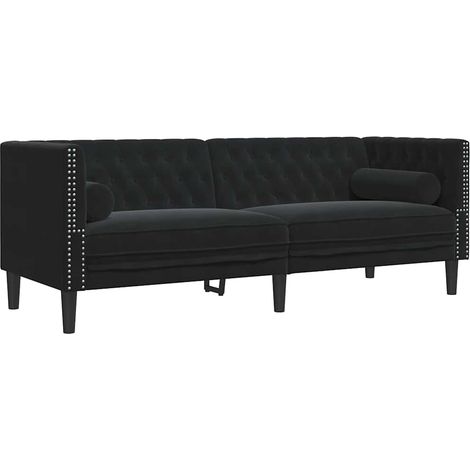 Canapé  Sofa Chesterfield avec traversins 3 places noir velours