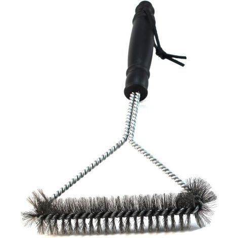 Brosse à barbecue - Brosse à barbecue multifonction courte à trois côtés de 30 cm avec manche ergonomique antidérapant, poils en acier inoxydable, convient à tous types de barbecues, noire (1/4)