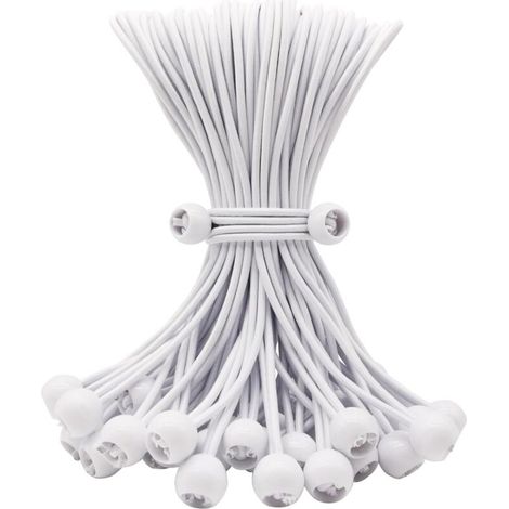 Lot de 50 tendeurs élastiques avec boule, 25,4 cm, accessoires de tente d'extérieur robustes pour bâche de camping, auvent et fixations (blanc)
