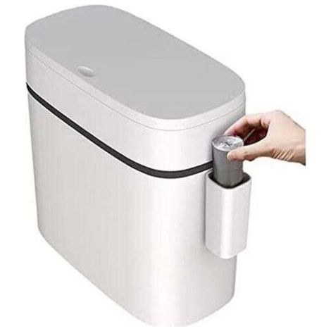 Poubelle en plastique ultra fine avec couvercle, poubelle rectangulaire à pression pour salle de bain, chambre, cuisine et bureau, blanche (12 litres) (1/5)