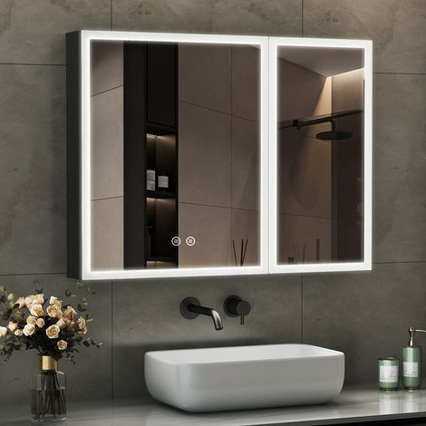 Spiegelschrank mit Beleuchtung 80x60cm LED Spiegelschrank Bad mit Beleuchtung Badspiegel mit Beleuchtung Badschrank Hängeschränke mit 3 Einstellbare Lichtfarben Beschlagfrei, Schwarz