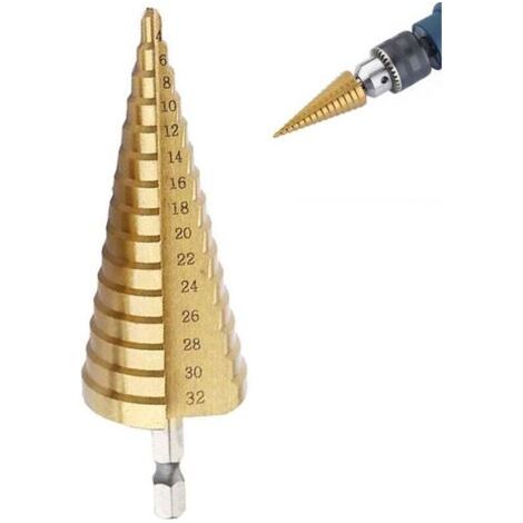 Broca escalonada, cortador cónico de acero rápido con revestimiento de carburo de titanio, mango hexagonal, construcción de doble ranura, 4-32 mm, para taladros perforadores para perforar y escariar e (1/4)