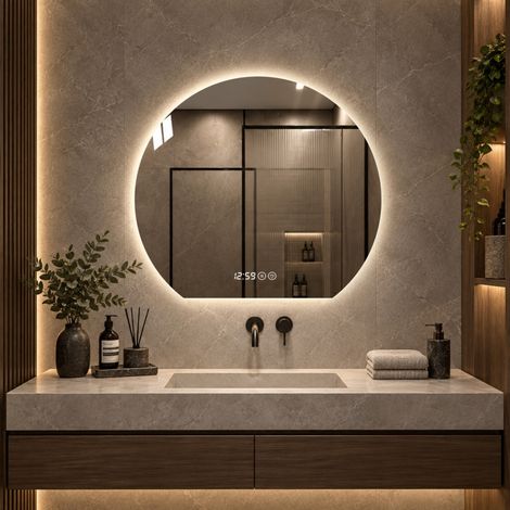 Miroir salle de bain LED 80 cm éclairage, variable, antibuée, horloge température, verre HD 5 mm, résistant corrosion, coloris argent (1/5)
