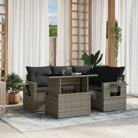 Ensemble de jardin 5 pièces en résine tressée grise, modulable, avec coussins et table à hauteur réglable (1/5)