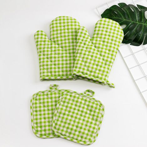 Ensemble de 4 gants de four et protège-poignées de casserole pour cuisine et pâtisserie, à carreaux verts, double face, matelassés, lavables et résistants à la chaleur (1/5)