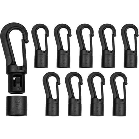 10 Stück schwarze Kunststoffkarabiner, Seilhaken, drehbare Kunststoff-Seilkarabiner mit Schnellverschluss, für Gummiseile (7 mm) (1/5)