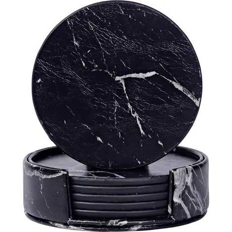 Juego de 6 posavasos redondos de cerámica con aspecto de mármol negro y un soporte para varios tipos de tazas, decoración de mesa y hogar, 10 cm