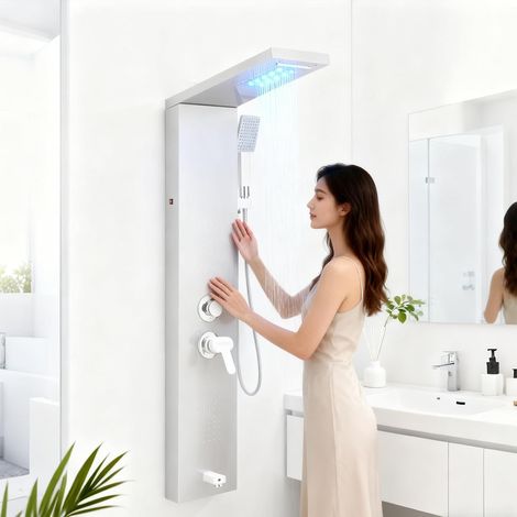 Colonne de douche hydromassante avec LED - Panneau de douche acier brossé 5 fonctions, jets de massage et douchette (1/5)