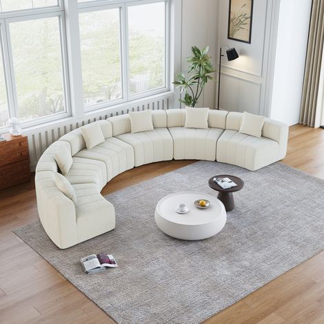 Sofá modular 6 plazas curvo beige en tela, diseño semicircular con 2 cojines, asiento estilo teclas de piano para salón, dormitorio u oficina -FLORAGRACE (1/5)