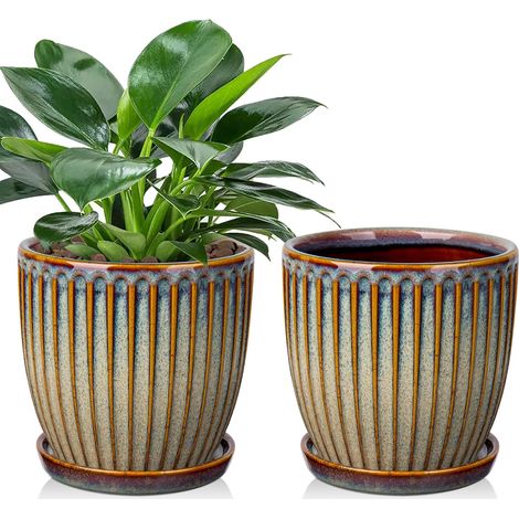 Lot de 2 cache-pots en céramique nervurés, pots de fleurs avec soucoupes à trous de drainage pour plantes d'intérieur, décoration rétro pour ensembles de contenants de jardin extérieur (1/5)