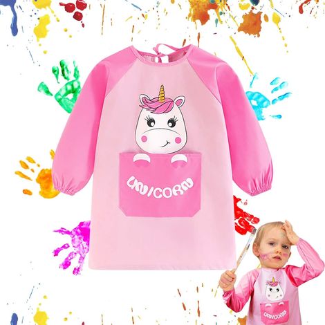 55cm Kids Unicorn Apron Painting Pink Waterproof Art Smock with Long Sleeve Big Pocket for Girl 3-8 Years Old Cooking DIY Activities School (1/5)