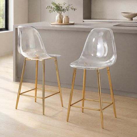 Sgabelli da bar trasparenti, set 2 pezzi, con gambe in metallo, design moderno, plastica, oro (1/5)