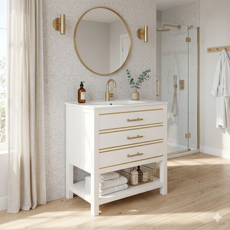 URBAN MEUBLE Meuble de Salle de Bain avec Vasque Céramique, 2 Tiroirs, Niche et Poignées Dorées, Blanc (robinet non inclus) (1/5)