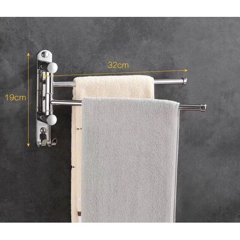 Porte-serviettes mural à 2 barres, pivotant à 180°, en acier inoxydable SUS304, 32 cm, pour lavabo de salle de bain ou de cuisine - argent (1/2)