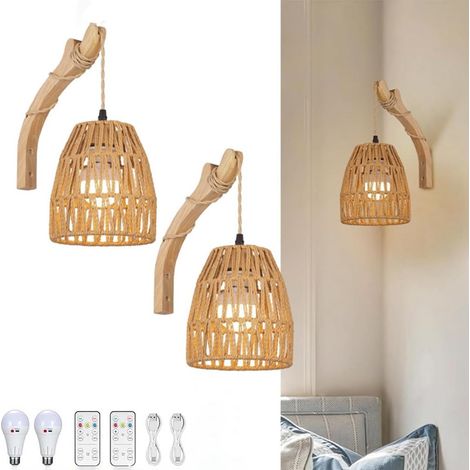 Applique da parete wireless in bambù giapponese intrecciato (2 pezzi), fatte a mano, senza bisogno di cablaggio, con lampadina tricolore E27.