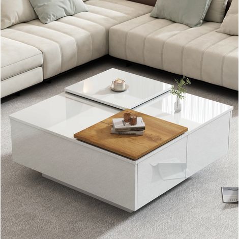 Table basse en panneaux de particules blanc brillant 75 x 75 cm avec plateaux coulissants et 4 tiroirs (1/5)