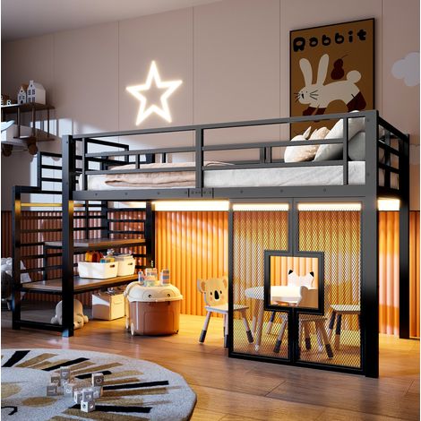 Litera alta 90x200 cm negra de metal y MDF con escalera de almacenaje, LED y ventanas (1/5)