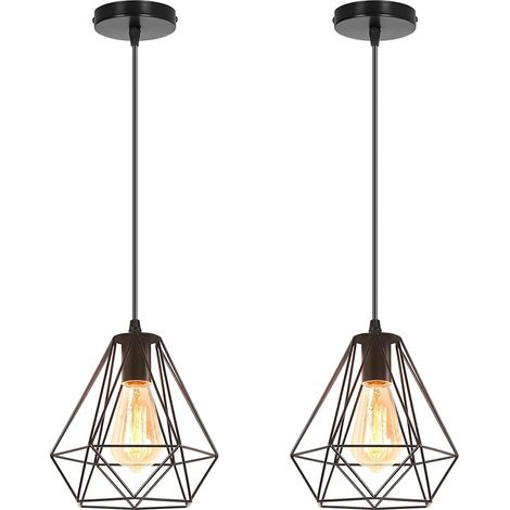 Lot de 2 Lampes Suspensions Vintage, 20cm Lustre Industriel Suspension Luminaire Abat-jour en Métal en Forme Dimant de Cage Plafonnier pour Chambre, Salon, Salle à Manger, Cuisine (Noir) (1/5)