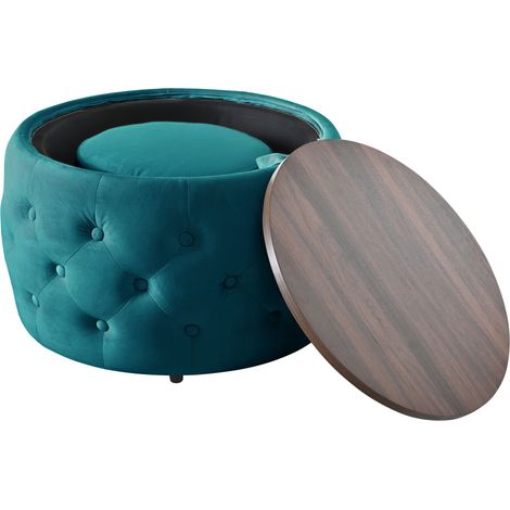 Set Aus 2 Runden Aufbewahrungshockern Mit Holztablett, Aus Samt, Blau (1/5)