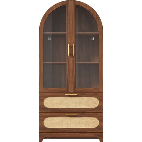 Vitrina alta color nogal con puertas de vidrio, 2 cajones y 3 estantes regulables 80 x 40 x 175 cm (1/5)