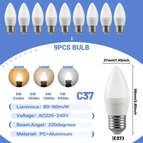 (9 ampoules LED bougies, lumière blanche froide 6000K) E27, convient à l'éclairage domestique. (1/4)