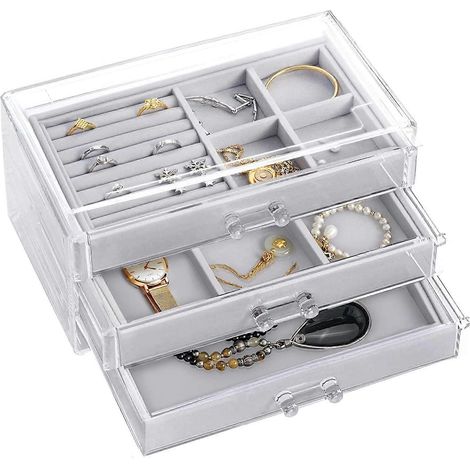 Transparente Schmuckschatulle aus Samt-Acryl, Schmuckorganizer für Damen mit 3 Schubladen für Ringe, Ohrringe und Halsketten.