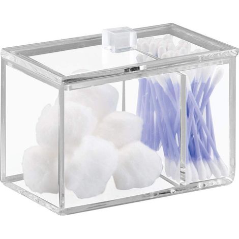 iDesign Organizer bagno con coperchio, Elegante porta dischetti struccanti in plastica con 2 scomparti, Pratico porta cotton fioc e organizer cosmetici, trasparente (1/5)