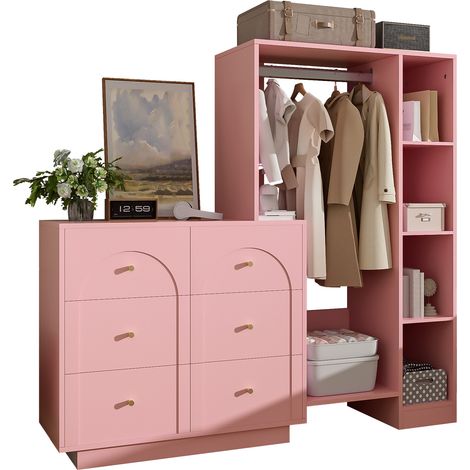 Armoire dressing ouverte avec tringle, 6 tiroirs et étagères latérales, meuble de rangement rose pour chambre et petits espaces, 139 × 35 × 133 cm  CHICFURN (1/5)