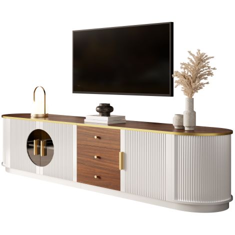 Armoire de rangement meuble TV à façades cannelées bicolore blanc et noyer avec bordure dorée dimensions 180×40×46cm 2 portes + 3 tiroirs pour salon contemporain