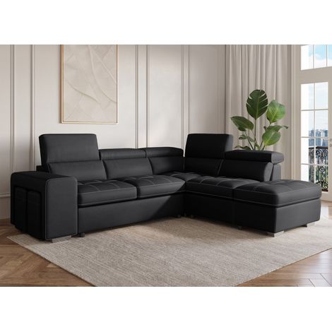 Deco In Paris – Canapé d'angle convertible tissu noir – 2 places – Largeur 262 cm – Couchage 119 x 182 cm – Coffre de rangement intégré (1/5)