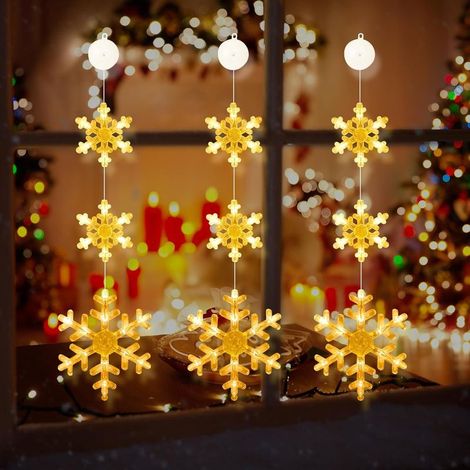 Lot de 3 (Flocons de Neige) Fenêtre Décorative de Noël avec Flocon de Neige, LED Rideau Lumineux Blanc Chaud à Piles avec Ventouses, Guirlande Lumineuse Décoration pour Intérieur (1/5)