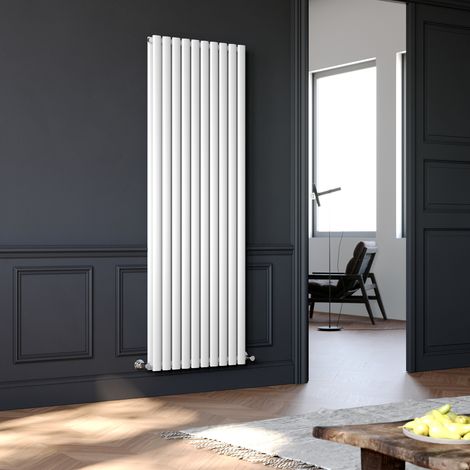 ELEGANT Central Heating Radiator 1800 x 590mm Vertical White Double Panel Oval Column Rad + Angled Radiator Valves (1/5)