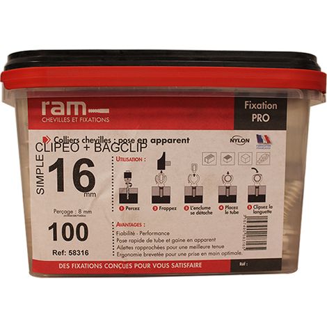 100 CLIPEO simple BLANC Ø16 + 100 BAGCLIP - RAM (1/5)
