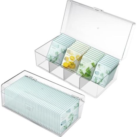 Lot de 2 boîtes de rangement transparentes pour sachets de thé avec couvercles, rangement en acrylique à 4 compartiments pour café, thé, épices et plan de travail de cuisine (1/4)