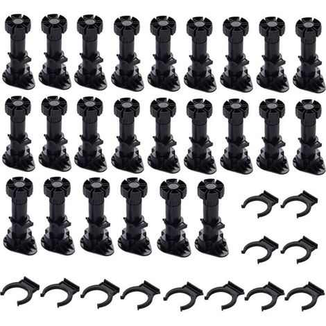 24 Pièces Pieds D'Armoire Plastique,Pied de Meuble,Pied Réglable pour Meuble,Noir Pieds de Meuble Plastique avec Clip Fixation Base pour Meubles de Cuisine,Armoire et Canapé (150mm-180mm) (1/5)