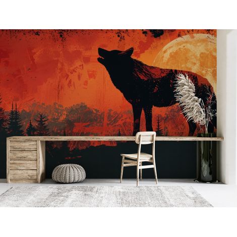 Papier peint animaux - loup noir hurlant à la lune géante - 150 x 250 cm (1/2)