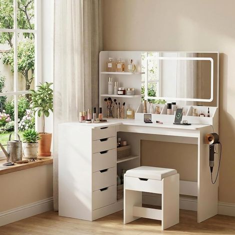 Coiffeuse avec Miroir et éclairage LED, Coiffeuse d’Angle en L avec Tabouret, Miroir LED 3 Couleurs, Table de Maquillage 120 cm avec 5 tiroirs et Prises intégrées, Blanche (1/5)